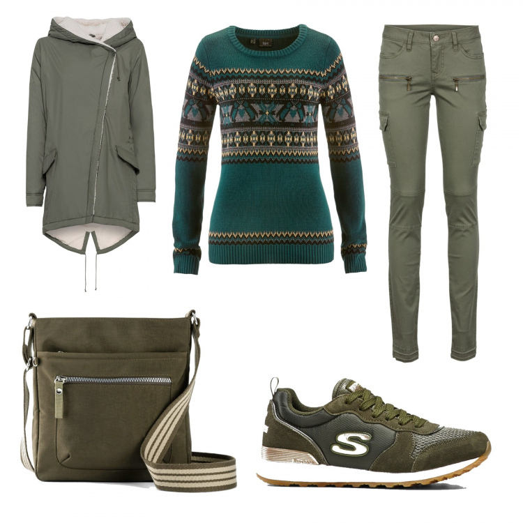 Outfit donna - Verde natalizio Bonprix. Stile Casual per Tutti i giorni. Abbinamento con pantaloni cargo, sneakers, cappotti, maglieria, borse a tracolla.