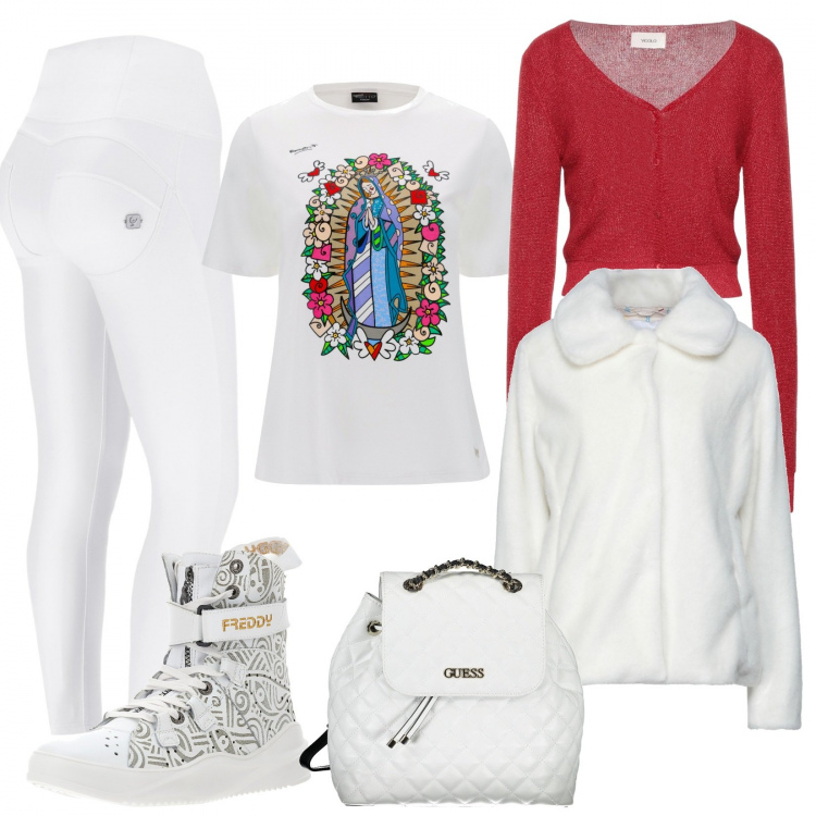 Outfit donna - White Christmas. Stile Sporty chic per Tutti i giorni. Abbinamento con cardigans, cappotti, pantaloni skinny, t-shirt, stivali, zaini.