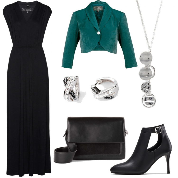 Outfit donna - Aspettando il Natale, un invito a cena. Stile Chic per Serata fuori. Abbinamento con vestiti lunghi, bolero, stivaletti, borse a tracolla, orecchini, treggings.