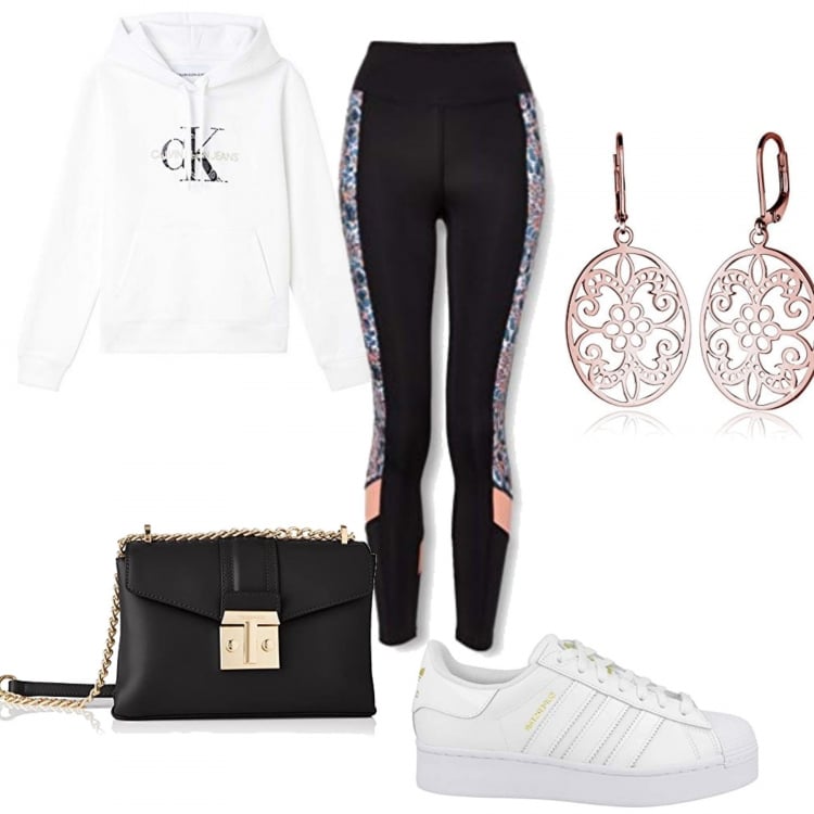 Outfit donna - Amazon moda. Stile Casual per Tutti i giorni. Abbinamento con leggings, felpe con cappuccio, sneakers, orecchini, borse a tracolla.