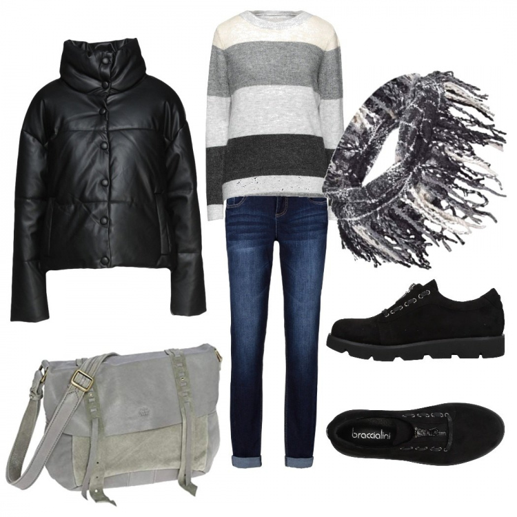 Outfit donna - Casual #11710. Stile Casual per Tutti i giorni. Abbinamento con jeans boyfriend, piumini, sneakers, pullovers, scialli, borse a mano.