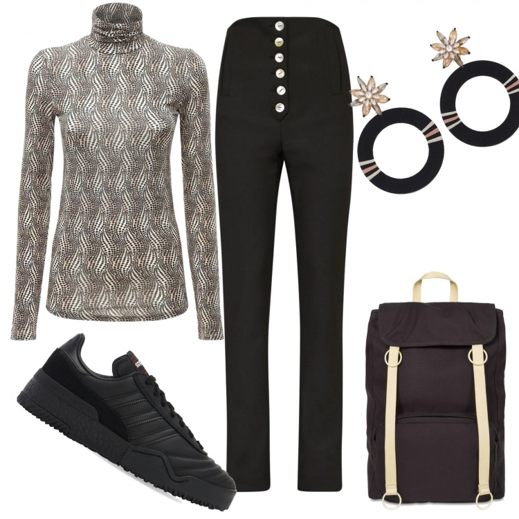 Outfit donna - 1532. BlackWeek, pitonato a casa mia. Stile Casual chic per Tutti i giorni. Abbinamento con sneakers, top, orecchini, pantaloni, zaini.