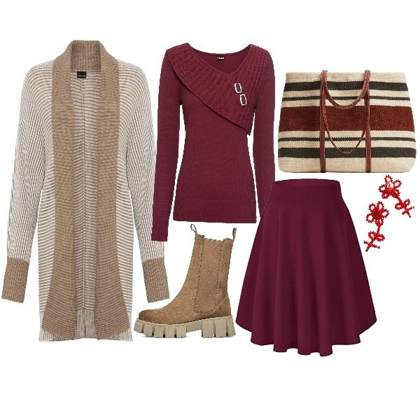 Outfit donna - Il Natale con Pittarosso. Stile Trendy per Ufficio. Abbinamento con maglieria, cardigans, stivaletti, gonne, orecchini, shopping bag.