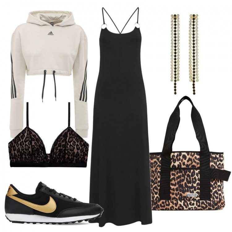 Outfit donna - Luisaviaroma Black Friday - Sportychic!. Stile Sporty chic per Serata fuori. Abbinamento con vestiti lunghi, shopping bag, sneakers, felpe con cappuccio, reggiseni, orecchini.