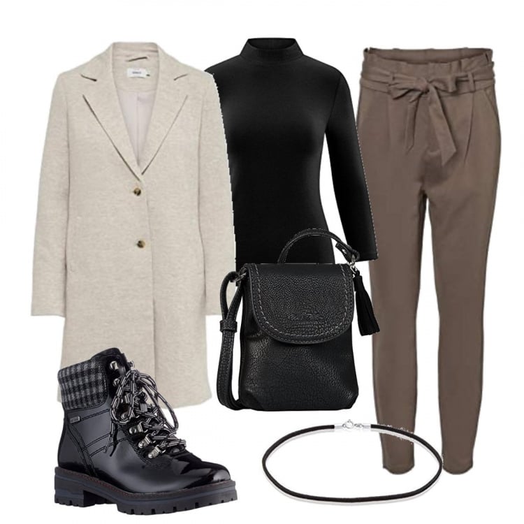 Outfit donna - Total look #1208391. Stile Urban per Tutti i giorni. Abbinamento con pantaloni, cappotti, stivaletti, maglieria, borse a tracolla, collane.
