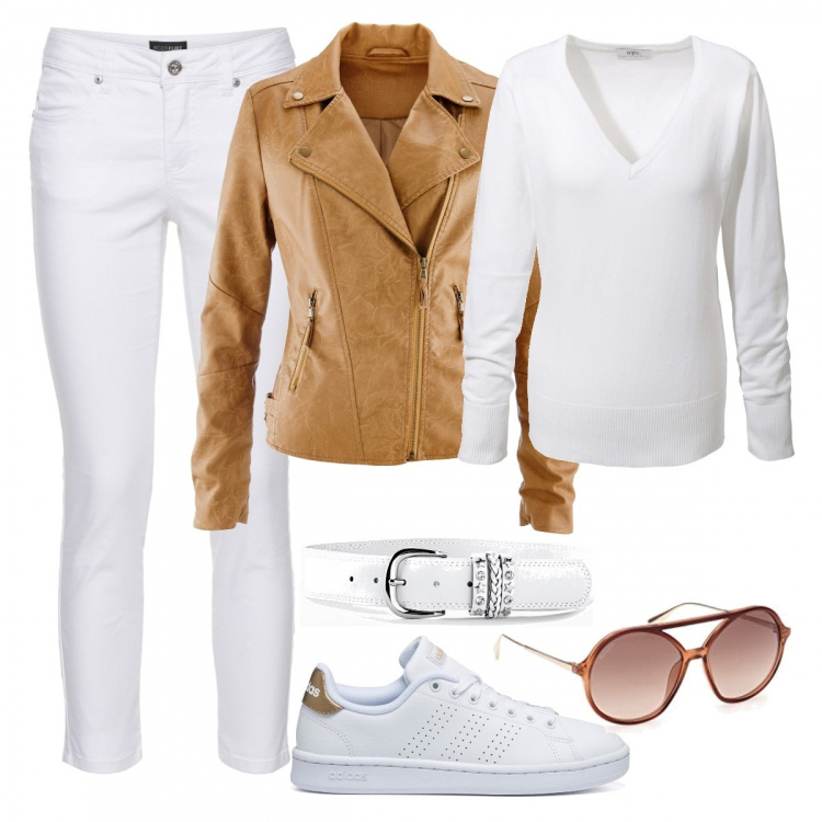 Outfit donna - Pratica nel tempo libero. Stile Casual per Tutti i giorni. Abbinamento con cinture, maglieria, blazer, pantaloni, sneakers, occhiali da sole.
