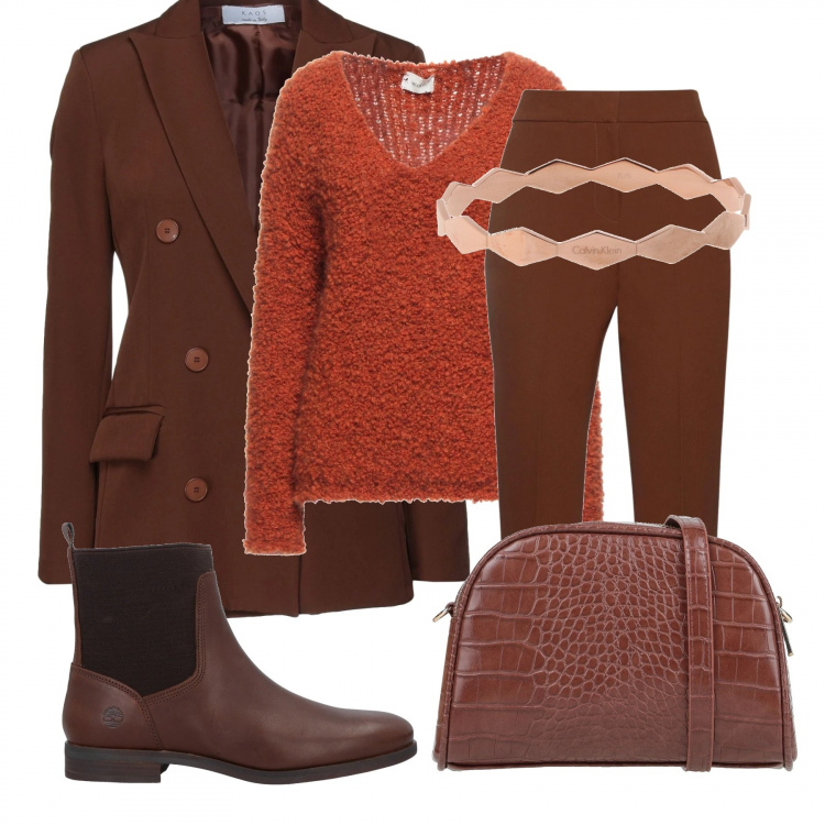 Outfit donna - Marrone e bruciato. Stile Mannish per Tutti i giorni. Abbinamento con pullovers, pantaloni, braccialetti, blazer, borse a tracolla, stivaletti.