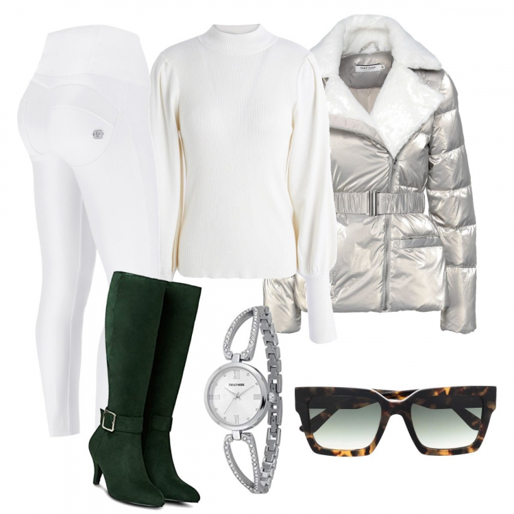 Outfit donna - Inverno alla moda. Stile Trendy per Tutti i giorni. Abbinamento con piumini, pullovers, occhiali da sole, pantaloni skinny, stivali, orologi.