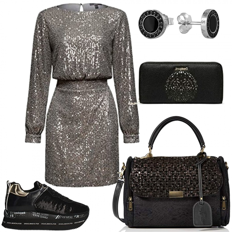 Outfit donna - Trendyssima. Stile Trendy per Serata fuori. Abbinamento con vestiti, sneakers, borse a mano, portafogli, orecchini.