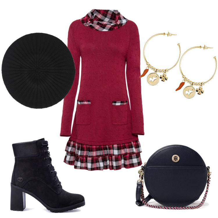 Outfit donna - Look scontato. Stile Preppy per Tutti i giorni. look ideale per Petite. Abbinamento con vestiti lunghi, cappelli, borse a tracolla, stivali, orecchini.
