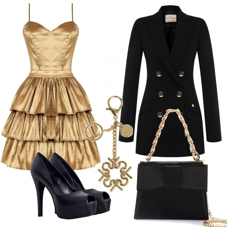Outfit donna - Elegante in oro. Stile Glamour per Serata fuori. Abbinamento con giacche, vestiti corti, pochette, décolleté, portachiavi.