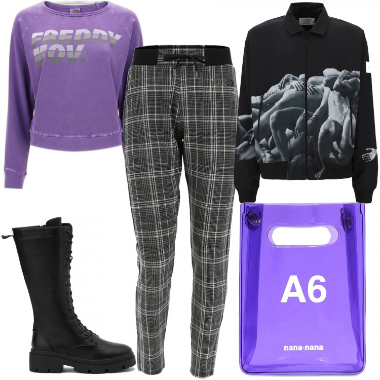 Outfit donna - Freddy B. F.. Stile Sporty chic per Scuola/Università. Abbinamento con anfibi, pantaloni, bomber, felpe, shopping bag.