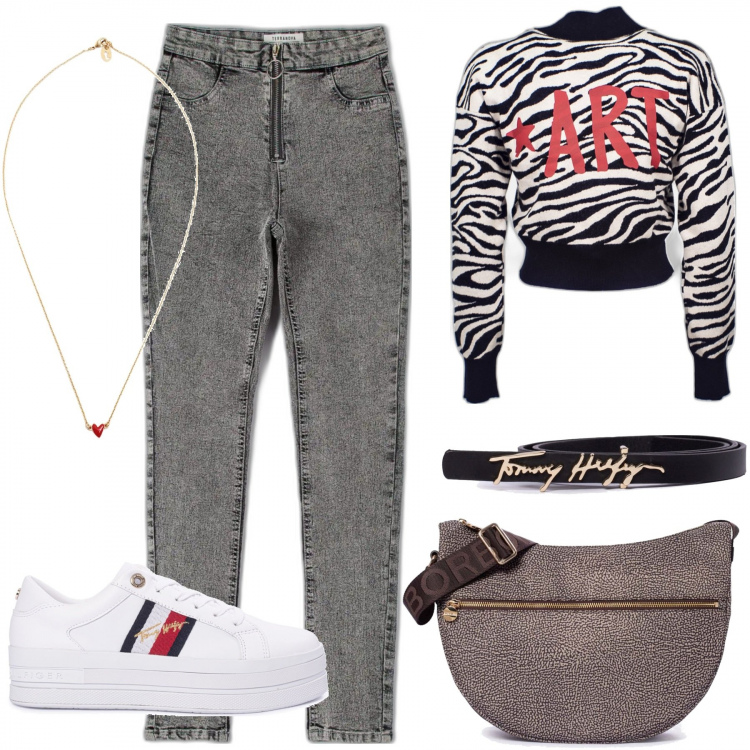Outfit donna - PUSH96 Black Friday. Stile Casual chic per Scuola/Università. Abbinamento con collane, jeggings, borse a tracolla, cinture, sneakers, maglieria.
