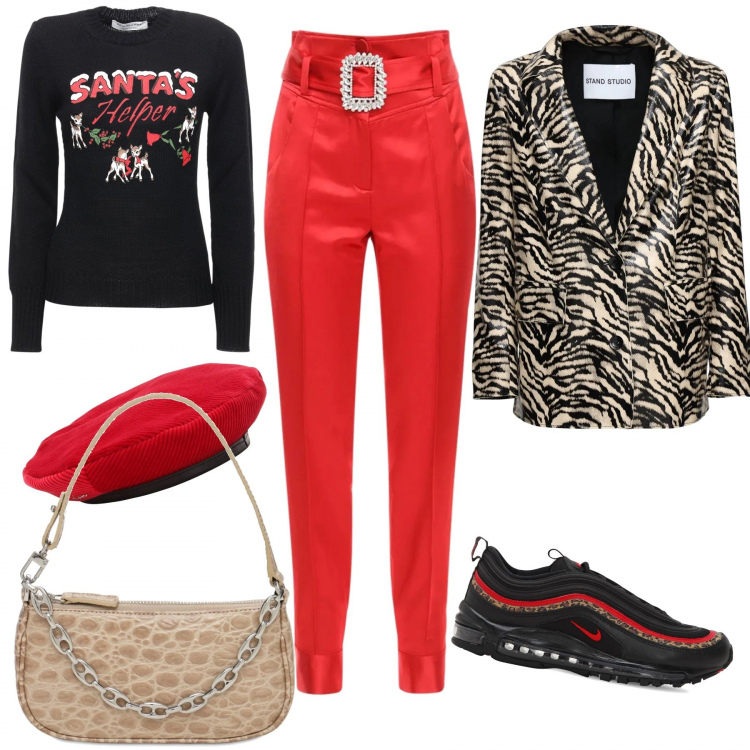 Outfit donna - LuisaviaRoma B. F.. Stile Trendy per Serata fuori. Abbinamento con pantaloni, blazer, sneakers, borse a mano, berretti, maglieria.