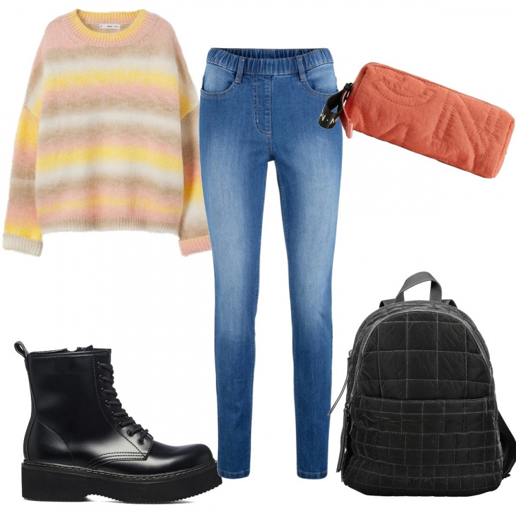 Outfit donna - A scuola con i jeans. Stile Basic per Scuola/Università. Abbinamento con jeggings, anfibi, portamonete, zaini, pullovers.