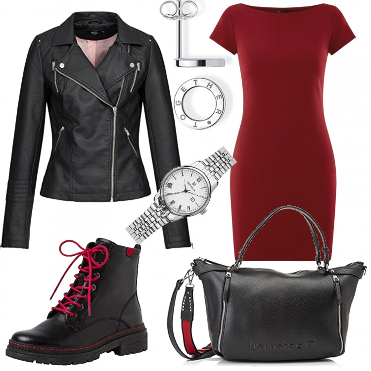 Outfit donna - Black Friday Natalizio. Stile Glamour per Tutti i giorni. Abbinamento con vestiti corti, borse a mano, stivaletti, giacche, orologi, orecchini.