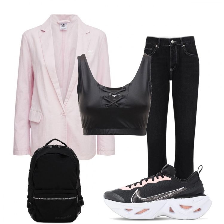 Outfit donna - Sporty chic con la giacca. Stile Sporty chic per Tutti i giorni. Abbinamento con sneakers, zaini, top, blazer, pantaloni.