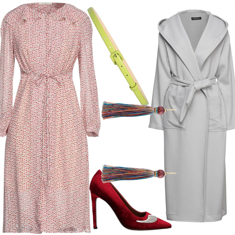 Outfit donna - Color in inverno. Stile Casual chic per Tutti i giorni. Abbinamento con cappotti, décolleté, vestiti midi/longuette, orecchini, cinture.