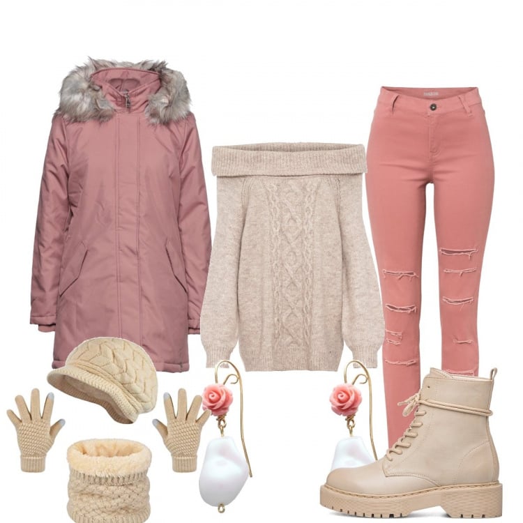 Outfit donna - Passeggiata in rosa. Stile Casual per Tutti i giorni. Abbinamento con pantaloni skinny, maglieria, cappotti, orecchini, anfibi, berretti.