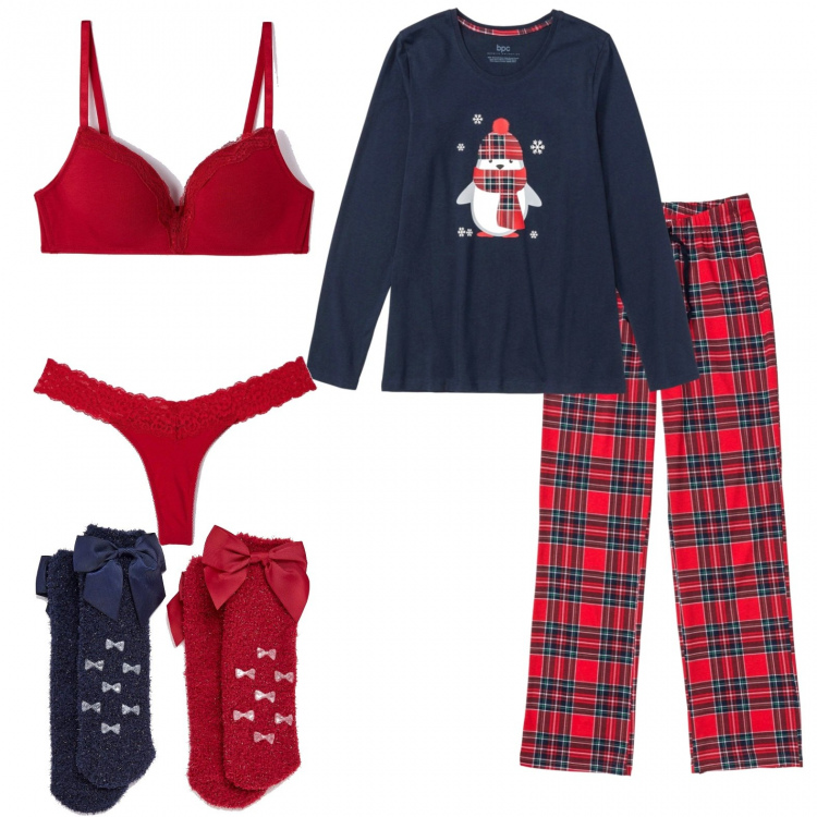 Outfit donna - La sera di Natale. Stile Basic per Tutti i giorni. Abbinamento con pigiama, calzini, reggiseni, slip.