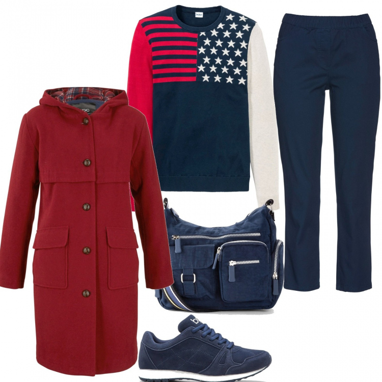 Outfit donna - Un cappotto rosso. Stile Casual per Scuola/Università. Abbinamento con pantaloni, borse a tracolla, cappotti, maglieria, sneakers.