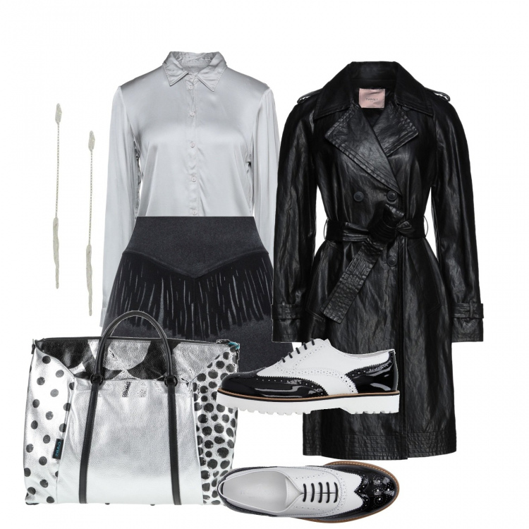 Outfit donna - Grigio perla. Stile Trendy per Tutti i giorni. Abbinamento con scarpe stringate, borse a mano, cappotti, camicie, minigonne, orecchini.