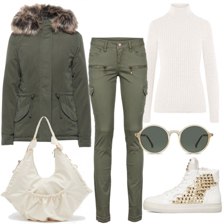 Outfit donna - Verde oliva. Stile Basic per Tutti i giorni. Abbinamento con pantaloni cargo, cappotti, shopping bag, sneakers alte, maglieria, occhiali da sole.