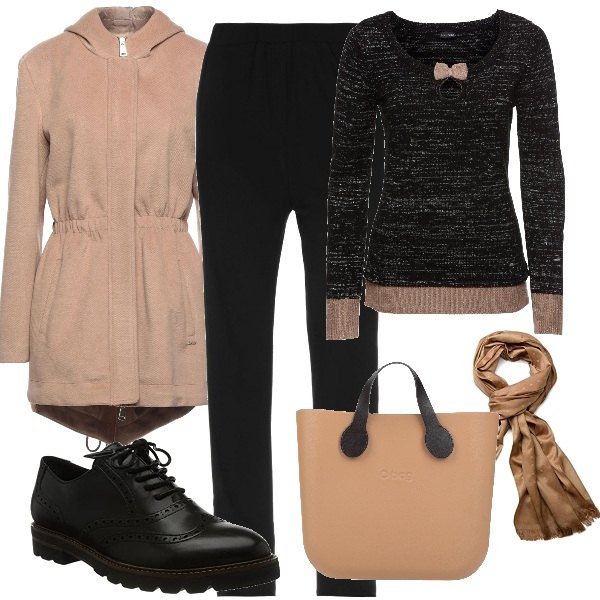Outfit donna - Una O\'bag in ufficio. Stile Casual per Ufficio. Abbinamento con pantaloni, borse a mano, cappotti, maglieria, scarpe stringate, sciarpe.