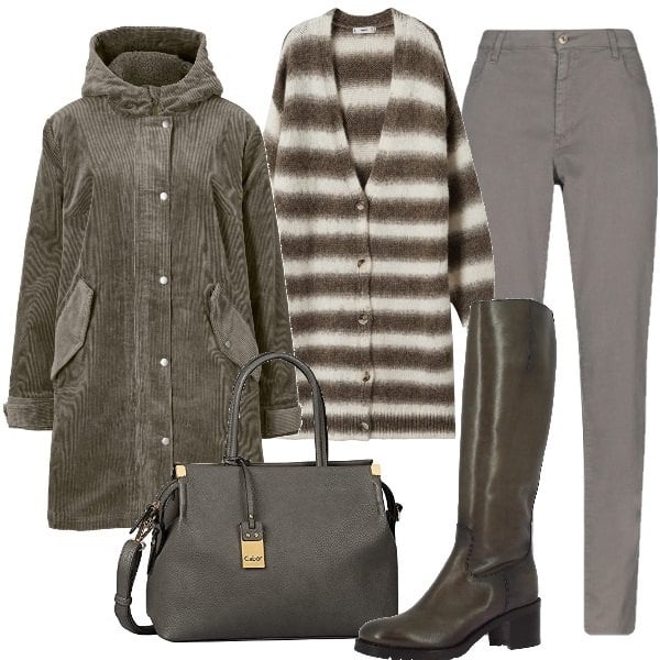 Outfit donna - Maxi cardigan a rigoni. Stile Casual chic per Tutti i giorni. Abbinamento con parka, pantaloni, stivali sopra il ginocchio, shopping bag, cardigans.