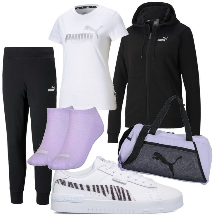 Outfit donna - Sport con un total look Puma. Stile Trendy per Sport. Abbinamento con borse sportive, felpe con cappuccio, pantaloni, sneakers, t-shirt, calzini.