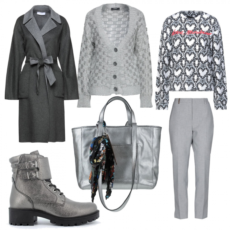 Outfit donna - Se ami il grigio. Stile Casual per Tutti i giorni. Abbinamento con pantaloni, felpe, cardigans, cappotti, borse a mano, stivaletti.