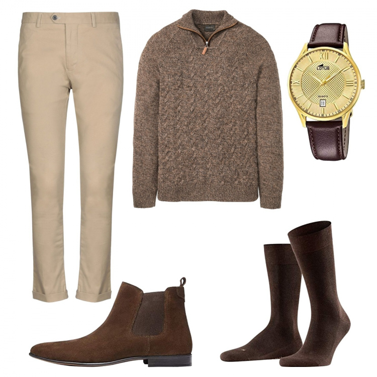 Outfit uomo - Pullover con la zip. Stile Casual per Tutti i giorni. Abbinamento con maglieria, pantaloni, orologi analogici, stivali e stivaletti, calzini.