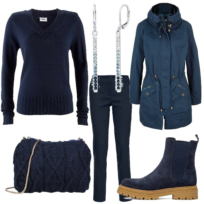 Outfit donna - Oggi in blu con i miei orecchini lunghi. Stile Casual chic per Tutti i giorni. Abbinamento con parka, pantaloni, maglieria, borse a tracolla, stivaletti, orecchini.