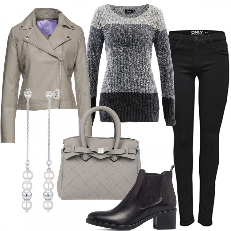 Outfit donna - Casual #11833. Stile Casual per Tutti i giorni. Abbinamento con borse a mano, giacche, maglieria, stivaletti, jeans skinny, orecchini.