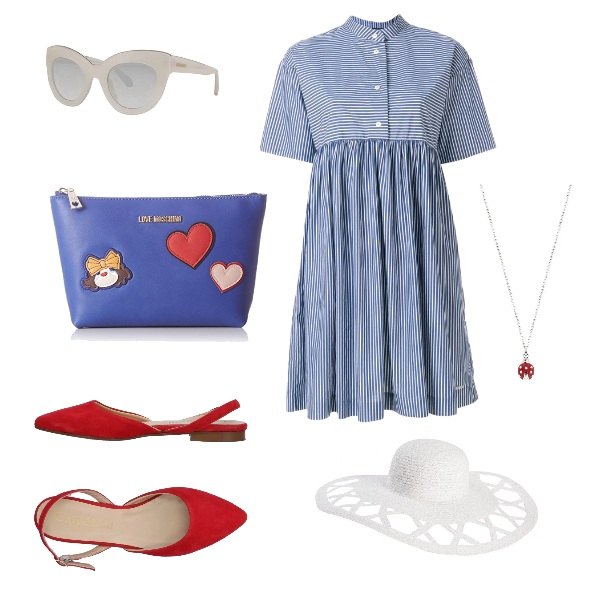 Outfit donna - Moi Lolita. Stile Bon Ton per Tutti i giorni. Abbinamento con ballerine slingback effetto scamosciato con fibbia a punta tinta unita, cappello interno sfoderato tinta unita, collana con gancio maglia argento, vestito a righe blu, occhiali da sole, borsetta blu.