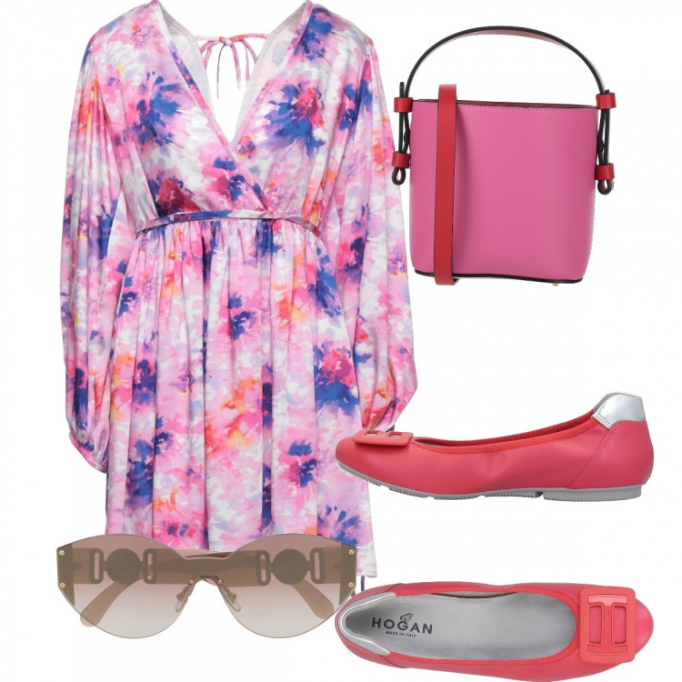 Outfit donna - Sfumature di rosa e viola. Stile Basic per Tutti i giorni. look ideale per Premaman. Abbinamento con ballerine, vestiti corti, borse a mano, occhiali da sole.