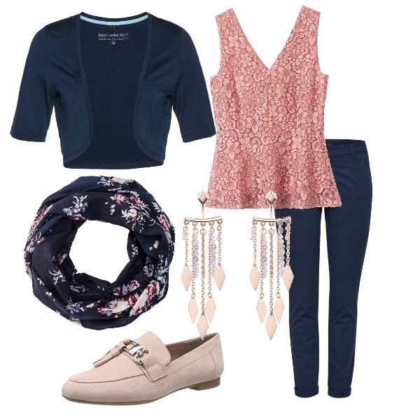 Outfit donna - In ufficio, rose&blue. Stile Basic per Ufficio. Abbinamento con blazer, sciarpina, cappotto fantasia floreale con scollo senza maniche rosa, mocassini rosa, chino skinny con nodi e tasche blu, orecchini con frange oro.