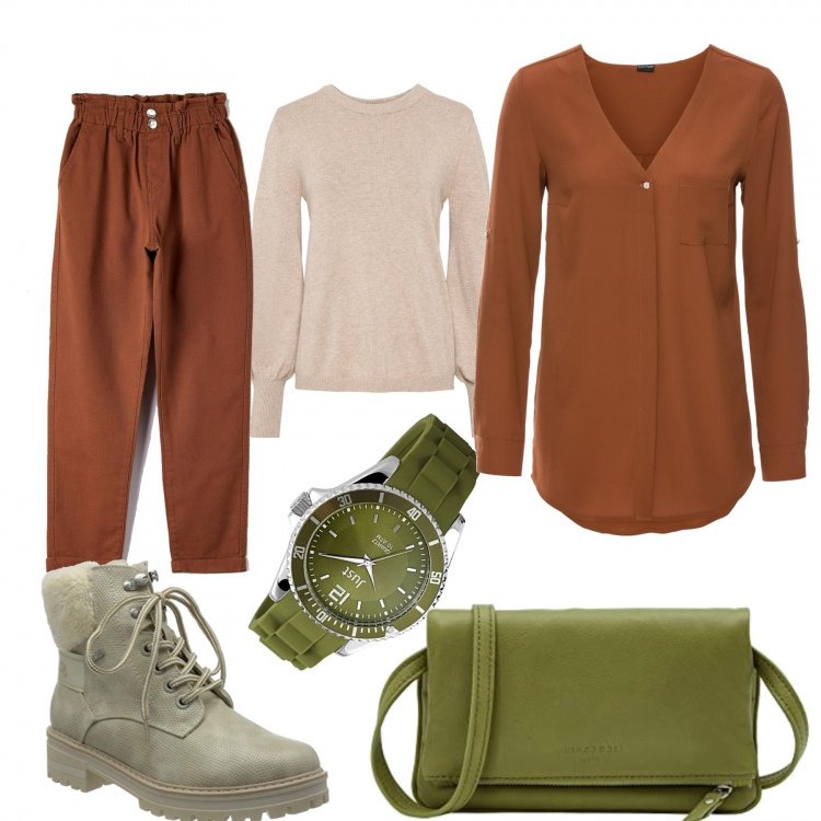 Outfit donna - Casual #11864. Stile Casual per Tutti i giorni. Abbinamento con camicie, maglieria, pantaloni, orologi, stivali da neve, borse a tracolla.