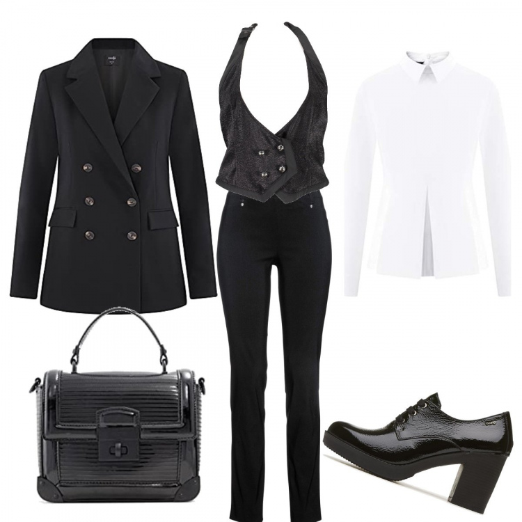 Outfit donna - Gentlelady. Stile Bon Ton per Serata fuori. Abbinamento con pantaloni, scarpe col tacco, blazer, gilet, camicie, borse a mano.