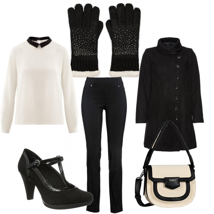 Outfit donna - Bon ton. Stile Bon Ton per Serata fuori. Abbinamento con pantaloni, cappotti, camicie, borse a mano, scarpe col tacco, guanti.