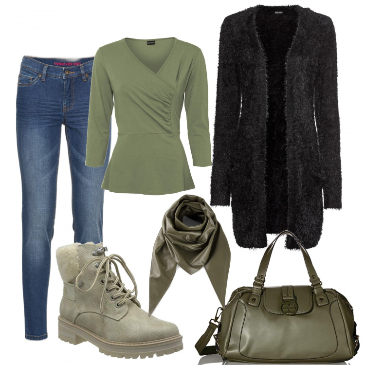 Outfit donna - Al parco. Stile Casual per Tutti i giorni. Abbinamento con cardigans, jeans skinny, maglieria, foulard, stivali da neve, borse a spalla.