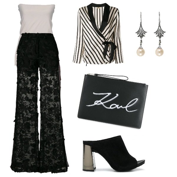 Outfit donna - Trasparenze di pizzo. Stile Chic per Serata fuori. Abbinamento con top scollatura profonda senza maniche con fasce jersey, pantalone a zampa nero, giacca a righe nero, clutch con stampa taglia unica nero, sandali open toe nero, orecchini a pendolo argento.