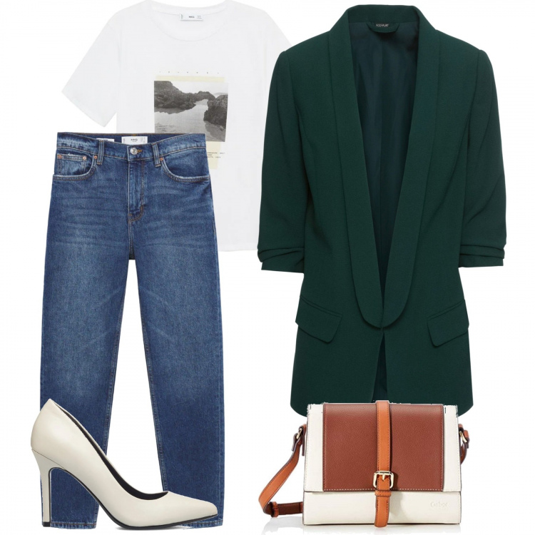 Outfit donna - Il blazer verde. Stile Casual chic per Ufficio. Abbinamento con blazer, décolleté, jeans mom, t-shirt, borse a mano.