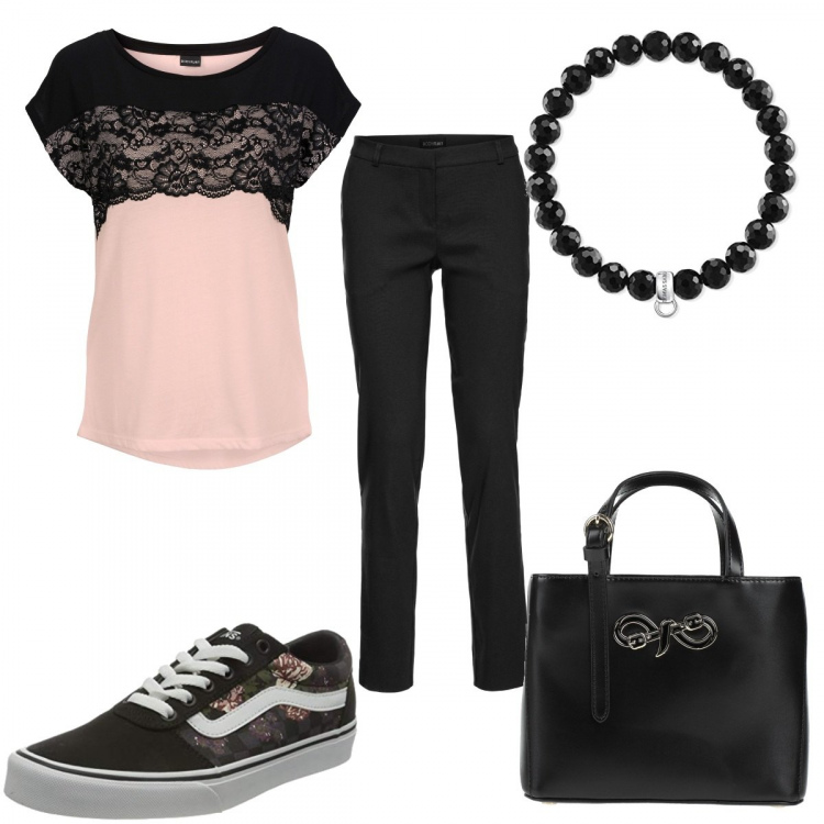 Outfit donna - T-shirt con pizzo. Stile Basic per Tutti i giorni. Abbinamento con pantaloni, maglieria, borse a mano, sneakers, braccialetti.