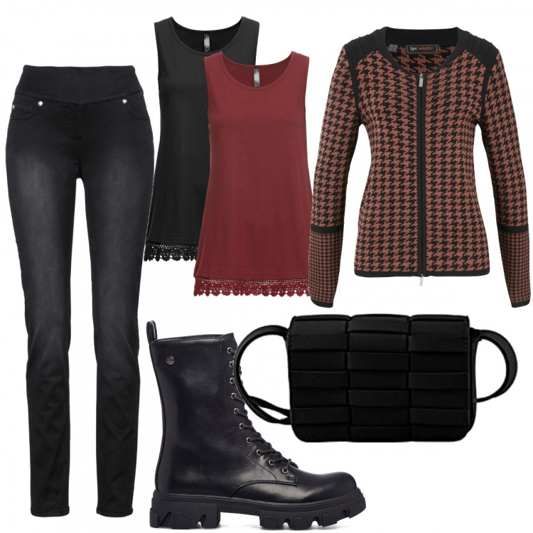 Outfit donna - Anfibi in nero. Stile Trendy per Tutti i giorni. Abbinamento con jeans, cardigans, top, anfibi, borse a tracolla.