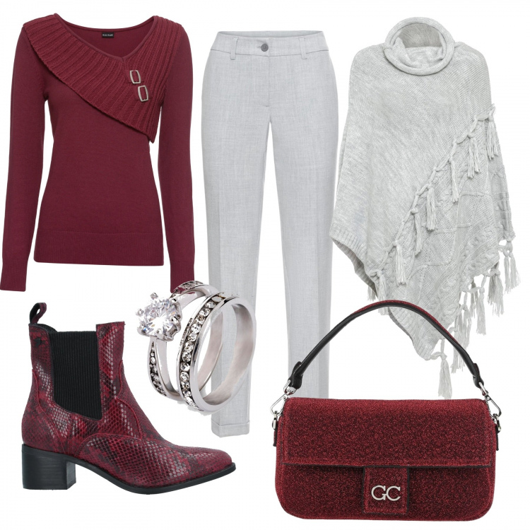 Outfit donna - Grigio perla... E rosso!. Stile Casual chic per Ufficio. Abbinamento con maglieria, pantaloni, cappotti, anelli, stivaletti, borse a mano.