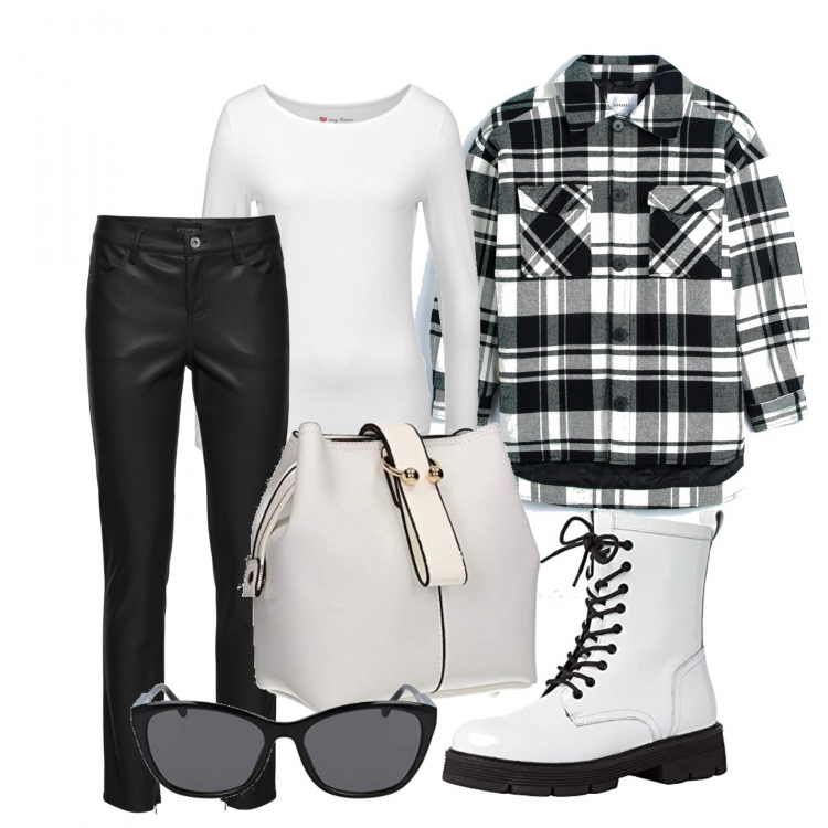 Outfit donna - Quadrettoni a dicembre. Stile Casual per Tutti i giorni. Abbinamento con t-shirt sportive, pantaloni, cappotti, stivaletti, borse a secchiello, occhiali da sole.