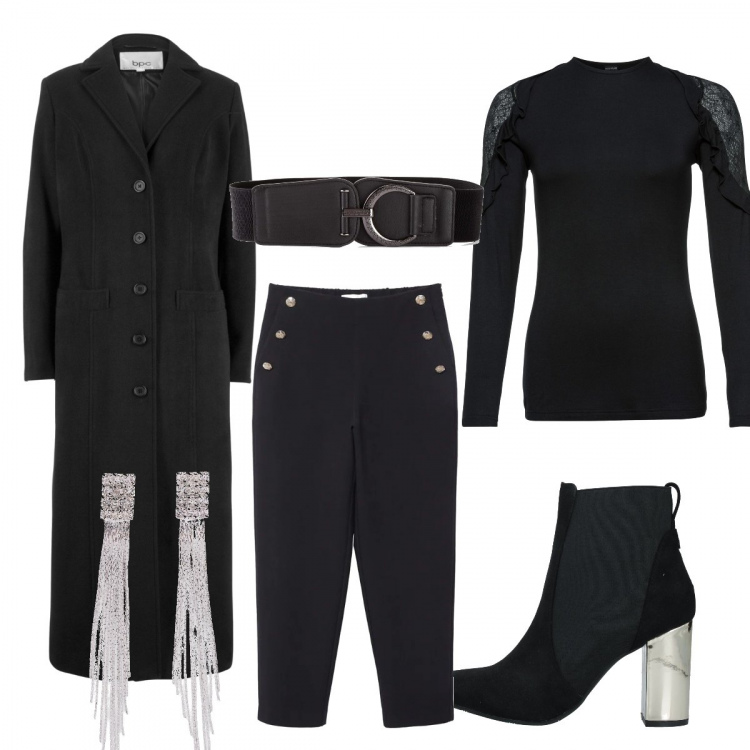Outfit donna - Corto e lungo. Stile Casual chic per Serata fuori. look ideale per Tall. Abbinamento con cappotti, orecchini, cinture, cardigans, stivaletti, pantaloni a palazzo.