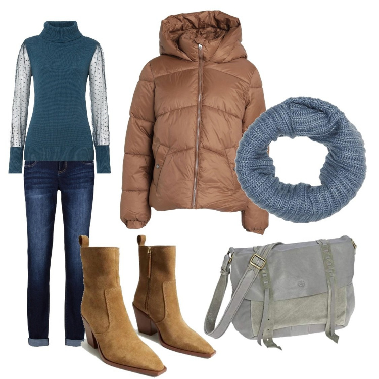 Outfit donna - Ma che freddo. Stile Casual per Tutti i giorni. Abbinamento con jeans boyfriend, maglieria, piumini, borse a mano, stivaletti, sciarpe.