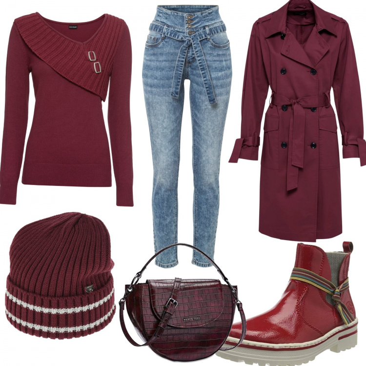 Outfit donna - Total look #1211104. Stile Urban per Tutti i giorni. Abbinamento con maglieria, jeans skinny, trench, cappelli, stivaletti chelsea, borse a mano.